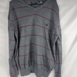 Chaps V-Neck Sweater in Gray with Red Stripes